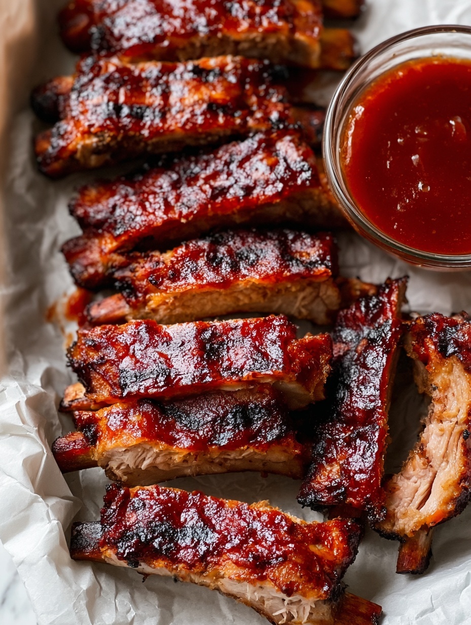 The image shows several pieces of grilled ribs stacked closely together on a white surface covered with light parchment paper. The ribs have a dark, shiny, and slightly charred outer layer with a reddish-brown color from the sauce. In front of the ribs, there is a small clear glass container holding a thick dark reddish-brown sauce, placed near the bottom right corner. The ribs and sauce fill almost the entire image, with some rib pieces showing their inner light pinkish cooked meat. The background is out of focus but appears in neutral tones. Photo taken with an iphone --ar 2:3 --v 7