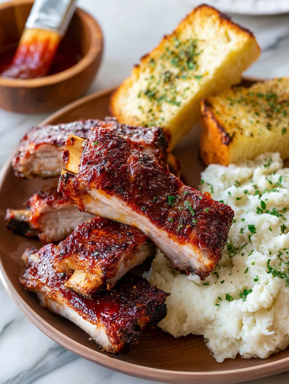 The image shows a white round plate with three layers of food. The first layer at the bottom consists of a dark brown wooden charger plate. The second layer is a dark gray plate with a slight round ridge design. On this plate, the third layer is arranged: a stack of four ribs with a shiny, dark reddish-brown grilled crust on the right, a mound of creamy white mashed potatoes sprinkled lightly with green herbs on the upper right, and a piece of toasted garlic bread with a golden crust and green herb garnish on the lower right. To the left of the plate, there is a small clear bowl with red barbecue sauce and a wooden brush covered in the same sauce at the bottom left corner, set on a white marbled surface. Photo taken with an iphone --ar 2:3 --v 7