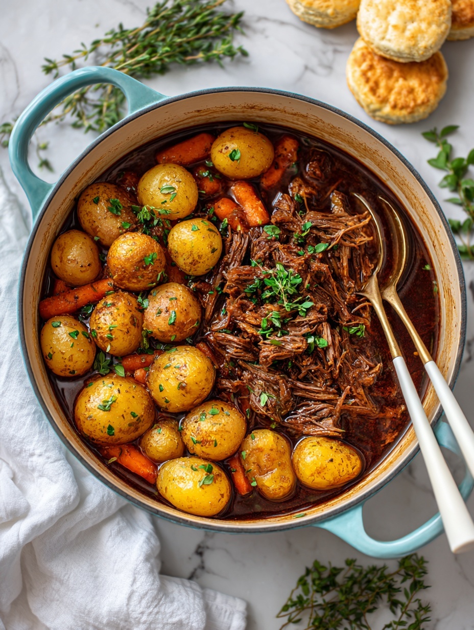 A white round pot filled with slow-cooked shredded brown meat in the center, surrounded by small light brown round potatoes and long orange carrot pieces along the edges. Two white spoons rest inside the pot, partially buried in the meat and vegetables. A few sprigs of green herbs lie on top of the carrots. The pot sits on a white cloth on a wooden surface with some biscuit-like breads visible nearby. The photo taken with an iphone --ar 2:3 --v 7