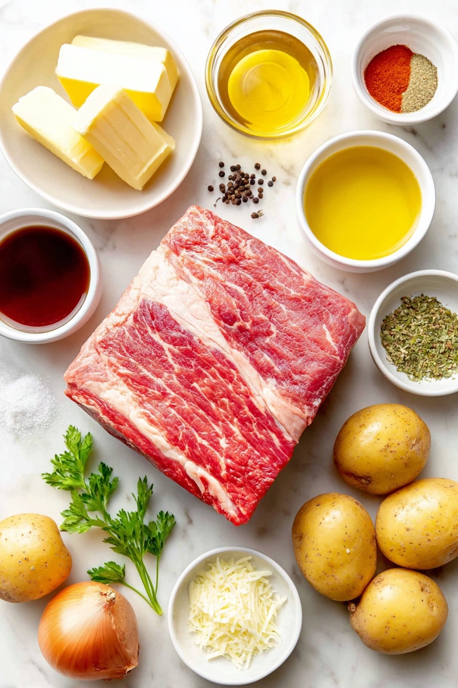 Flat lay of a raw chuck roast with a rich red marbled texture, a few sprigs of fresh parsley, a whole large yellow onion cut into thick wedges arranged neatly, baby potatoes halved into chunks showing their creamy interior, bright orange carrot sticks grouped together, a couple of whole uncracked brown eggs, two small white ceramic bowls—one filled with golden olive oil, and the other with melted butter, a small white bowl with minced garlic, another small white bowl holding a deep red wine vinegar, a small white bowl containing coarse kosher salt, a small white bowl with ground black pepper, a small white bowl with dried basil, a small white bowl with dried thyme, a small white bowl with paprika, a small white bowl filled with rich brown beef broth, and two dried bay leaves placed side by side on a simple white ceramic plate, all ingredients laid out with perfect symmetry and balanced proportions, placed on a clean white marble surface, soft natural light, photo taken with an iPhone, professional food photography style, fresh ingredients, white ceramic bowls, no bottles, no duplicates, no utensils, no packaging --ar 2:3 --v 7 --p m7354615311229779997