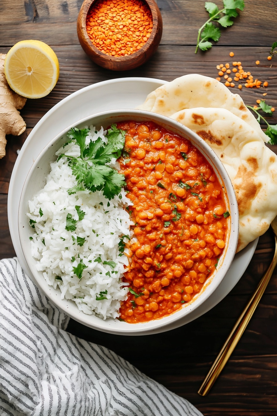 A bowl is filled half with white fluffy rice and half with thick orange lentil curry that has small lentils and green herbs mixed in. Fresh green cilantro leaves lay on top of the rice on the left side. The bowl sits on a white plate with two pieces of white pita bread to the right of it. The setting includes fresh garlic and ginger near the top and a small bowl of orange turmeric powder at the bottom left on a white marbled textured surface. A woman's hand holds a golden spoon on the bottom right edge near a striped cloth. Photo taken with an iphone --ar 2:3 --v 7