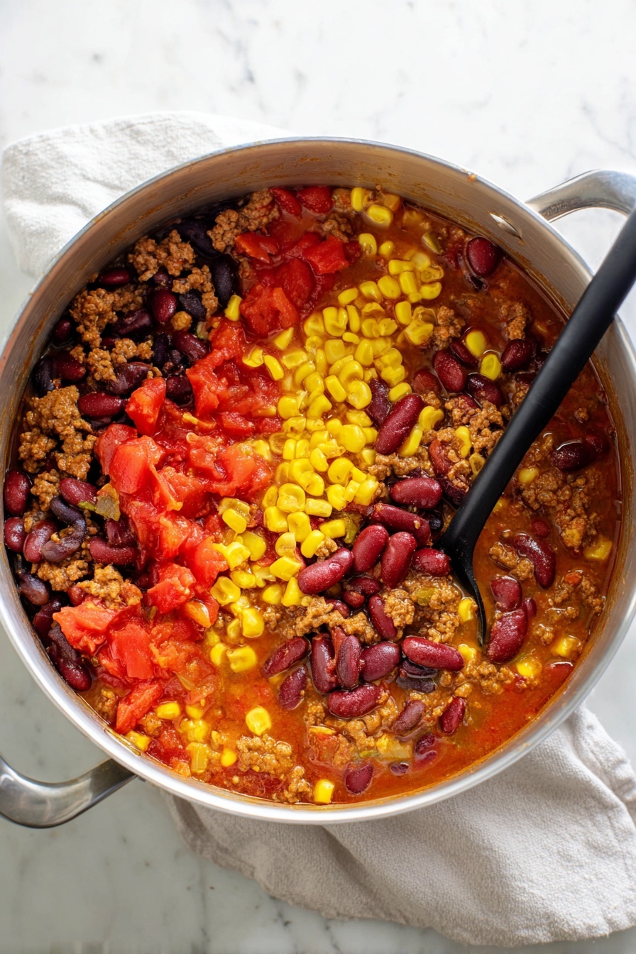 A close-up of a creamy soup in a black pot filled with layers of colorful ingredients: bright yellow corn kernels, black beans, red tomato pieces, browned meat chunks, and scattered green herbs. The soup has a smooth, light beige broth with a thick texture holding all the ingredients. A metal ladle lifts a big spoonful displaying a mix of the corn, beans, tomatoes, meat, and herbs in a thick creamy sauce. The background shows a white marbled surface. Photo taken with an iphone --ar 2:3 --v 7