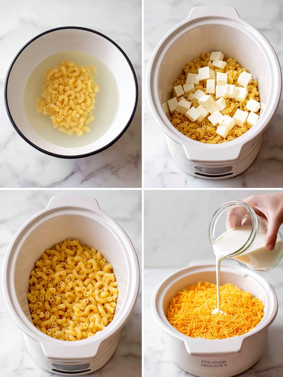 The image shows a sequence of four steps preparing a macaroni and cheese dish on a white marbled surface. In the first step, a white bowl is filled with cooked elbow pasta soaked in water, showing a yellow curly texture. The second image shows the cooked pasta transferred to a white slow cooker, with small white cheese cubes scattered evenly on top. In the third image, a woman's hand is pouring white milk from a glass jar into the slow cooker over the pasta and cheese cubes. The last image shows the pasta base topped with three layers: shredded orange cheese, orange cheese cubes, and the elbow pasta beneath, all inside the white slow cooker. Photo taken with an iphone --ar 2:3 --v 7