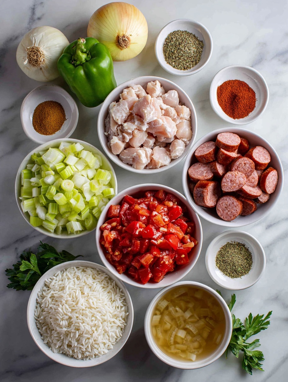 Flat lay of finely diced ribs of celery, a whole yellow onion, a whole green bell pepper, two cloves of garlic, sliced smoked sausage rounds, two boneless skinless chicken thighs cubed, small white bowls with dried oregano, dried thyme, smoked paprika, cayenne pepper, freshly cracked black peppercorns, a simple white ceramic bowl of diced fresh tomatoes, a small white bowl of chicken broth, a handful of chopped fresh parsley, a mound of uncooked long grain white rice, and sliced green onions arranged symmetrically, all placed on a clean white marble surface, soft natural light, photo taken with an iPhone, professional food photography style, fresh ingredients, white ceramic bowls, no bottles, no duplicates, no utensils, no packaging --ar 2:3 --v 7 --p m7354615311229779997
