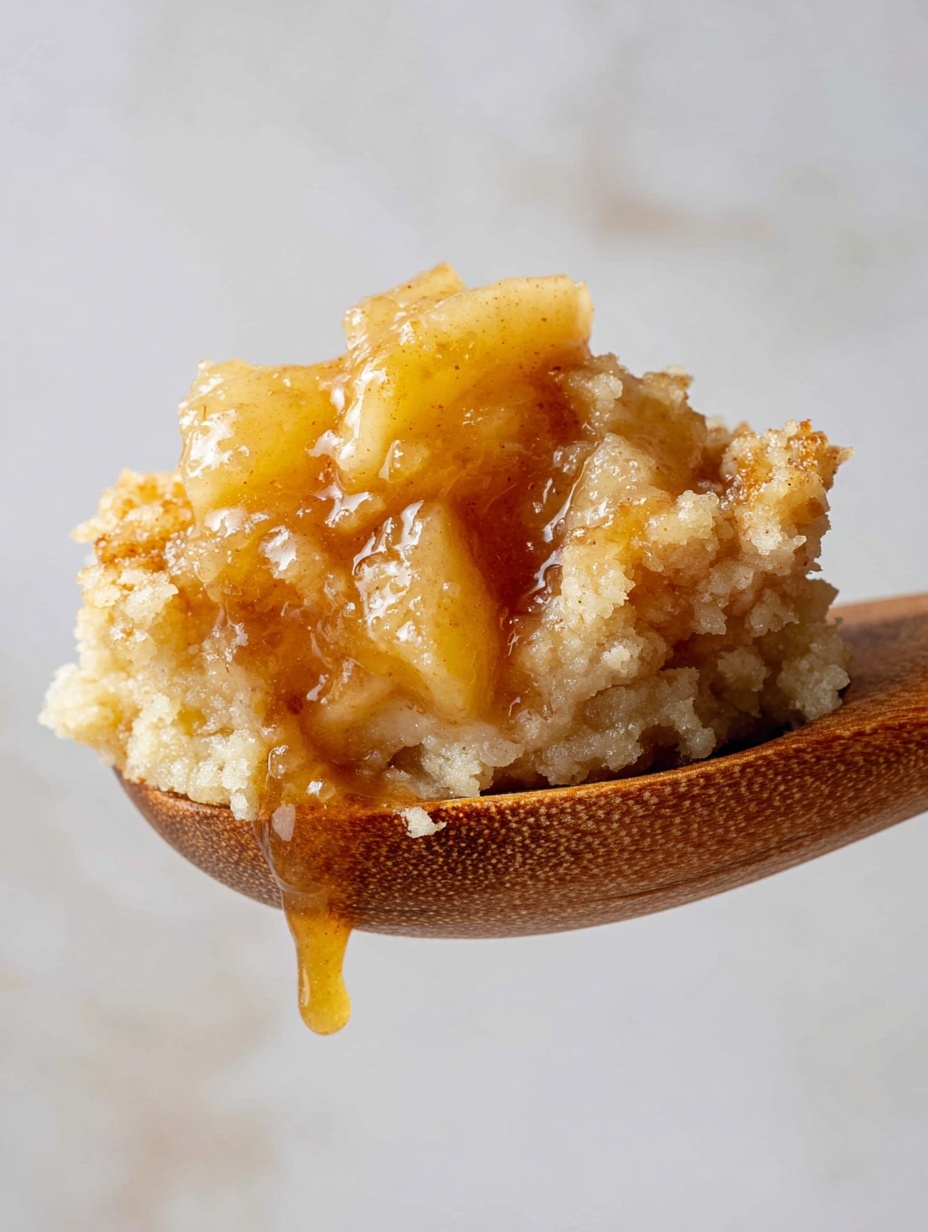 A close-up image of a wooden spoon holding a serving of a crumbly dessert with two layers. The bottom layer is golden-brown with a rough, crumbly texture resembling baked crust or crumb topping. The top layer is a glossy, soft, light brown fruit filling with visible chunks and syrupy shine, creating a sticky, juicy look. The background is blurred but shows more of the same dessert with similar textures and colors, all set against a white marbled surface. photo taken with an iphone --ar 2:3 --v 7