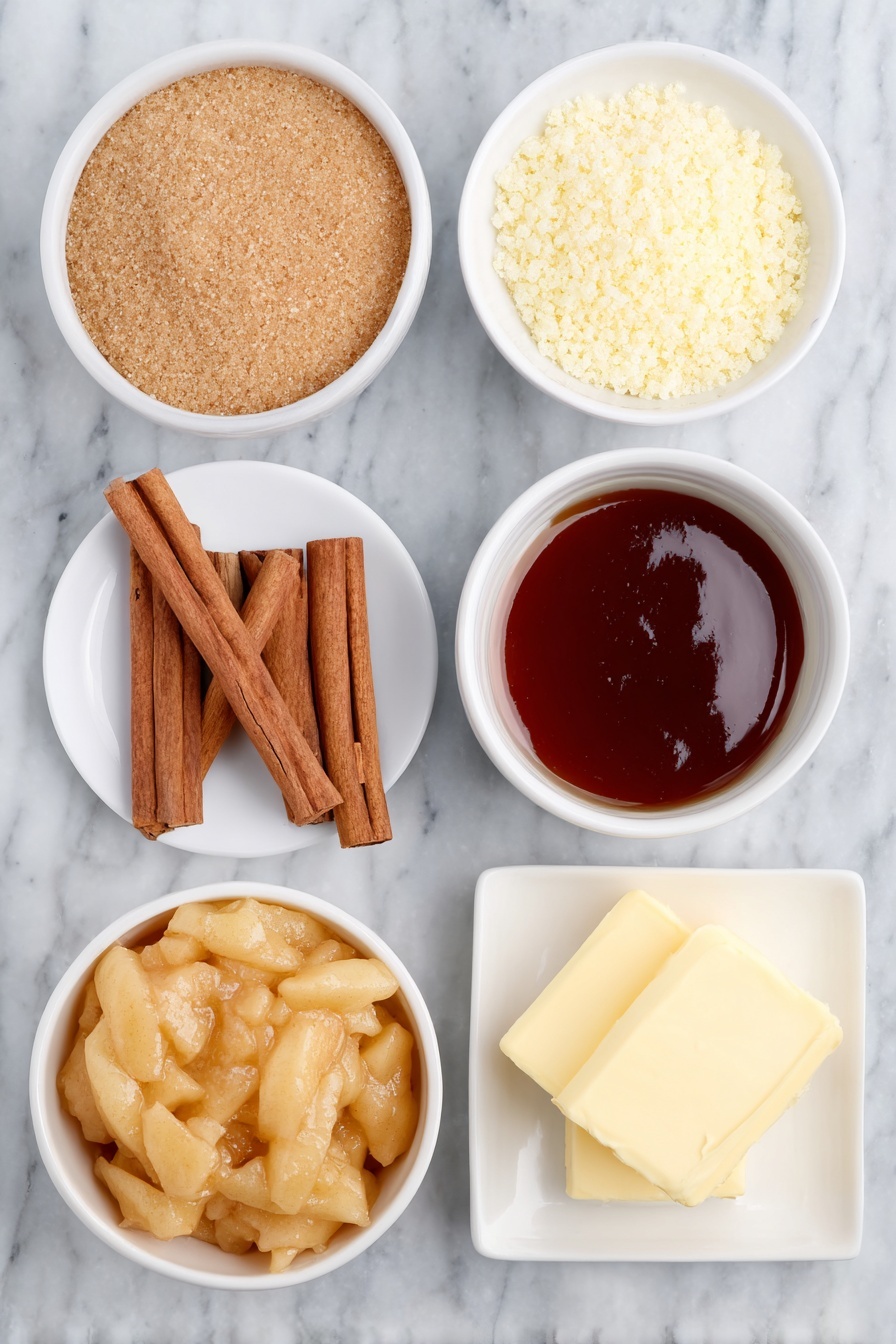 Flat lay of two small white ceramic bowls each filled with glossy golden apple pie filling chunks, a simple white ceramic bowl holding a mound of pale yellow gluten-free yellow cake mix, a small white ceramic bowl containing packed light brown sugar, a small white ceramic bowl with warm golden melted butter, and a small white ceramic bowl with fine ground cinnamon powder, all arranged in perfect symmetry on a clean white marble surface, soft natural light, photo taken with an iPhone, professional food photography style, fresh ingredients, white ceramic bowls, no bottles, no duplicates, no utensils, no packaging --ar 2:3 --v 7 --p m7354615311229779997