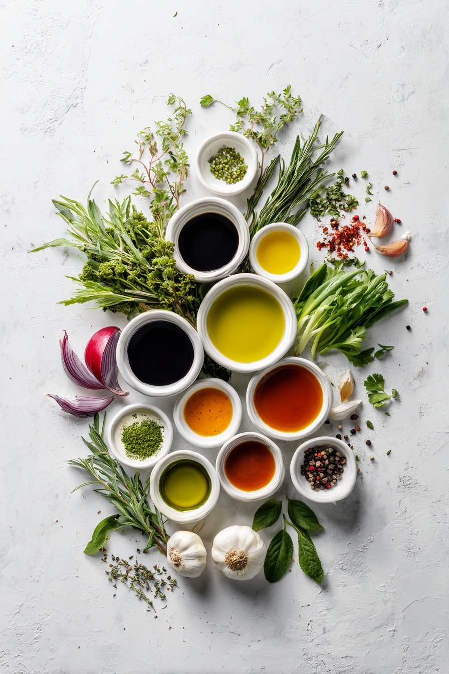 Flat lay of a small white ceramic bowl of olive oil, two whole uncracked garlic cloves, a piece of fresh peeled ginger root with fine texture, three raw boneless skinless chicken breasts cut into bite-sized pieces on a white ceramic plate, a small white ceramic bowl of creamy coconut milk, a small white ceramic bowl with vibrant red Thai curry paste, a small white ceramic bowl of clear chicken broth, roughly chopped fresh snow peas, four glossy kaffir lime leaves arranged neatly, two stalks of bruised lemongrass, a small white ceramic bowl of granulated sugar, and a small pile of fresh chopped cilantro leaves, all placed on a clean white marble surface, soft natural light, photo taken with an iPhone, professional food photography style, fresh ingredients, white ceramic bowls, no bottles, no duplicates, no utensils, no packaging --ar 2:3 --v 7 --p m7354615311229779997