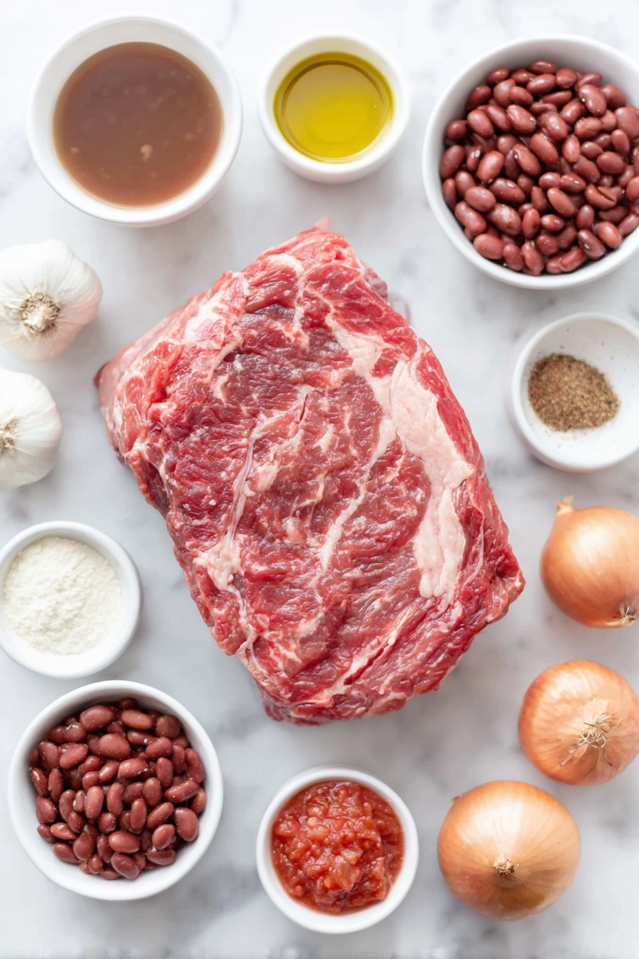 Flat lay of a thick slab of raw beef chuck roast with deep red color and marbling, a small white bowl of golden olive oil, two whole uncracked brown eggs, four whole garlic cloves with papery skin, three whole onions (one brown, one yellow, one white) with dry outer layers, one large red bell pepper with smooth shiny skin, a small white bowl filled with dark beef broth, a white ceramic dish of bright red kidney beans, a white bowl of crushed tomatoes with rich red texture, a small white bowl holding thick deep red tomato paste, a spread of assorted dried spices including cumin seeds, onion powder, garlic powder, oregano leaves, smoked paprika, and cayenne pepper arranged neatly on white ceramic spoons, a small white bowl of fine cornflour powder, all perfectly arranged with symmetry on a clean white marble surface, soft natural light, photo taken with an iPhone, professional food photography style, fresh ingredients, white ceramic bowls, no bottles, no duplicates, no utensils, no packaging --ar 2:3 --v 7 --p m7354615311229779997
