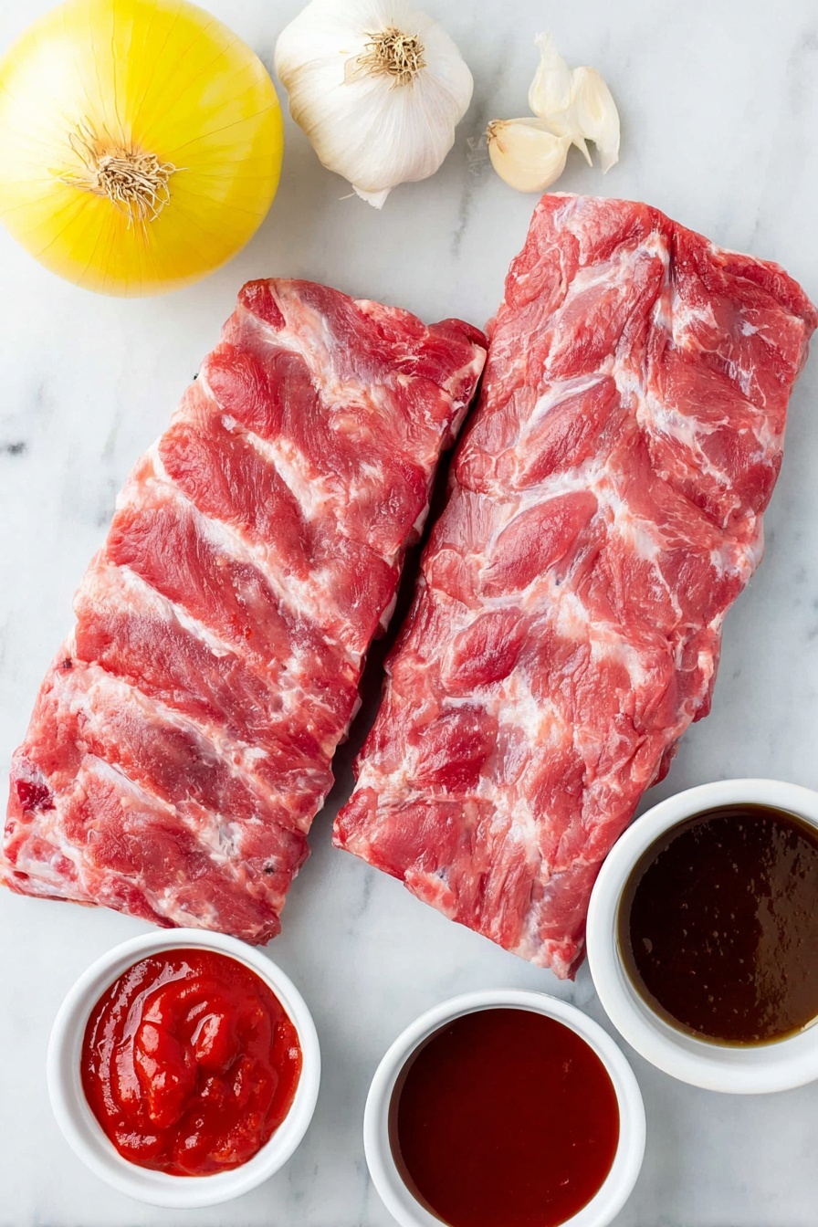Flat lay of two racks of raw baby back ribs with visible marbling and bone, a whole yellow onion with papery skin, four unpeeled cloves of garlic scattered around, small white ceramic bowls containing smooth red ketchup, glossy deep red chili sauce, thick dark brown barbecue sauce, and clear water, all arranged symmetrically on a clean white marble surface, soft natural light, photo taken with an iPhone, professional food photography style, fresh ingredients, white ceramic bowls, no bottles, no duplicates, no utensils, no packaging --ar 2:3 --v 7 --p m7354615311229779997
