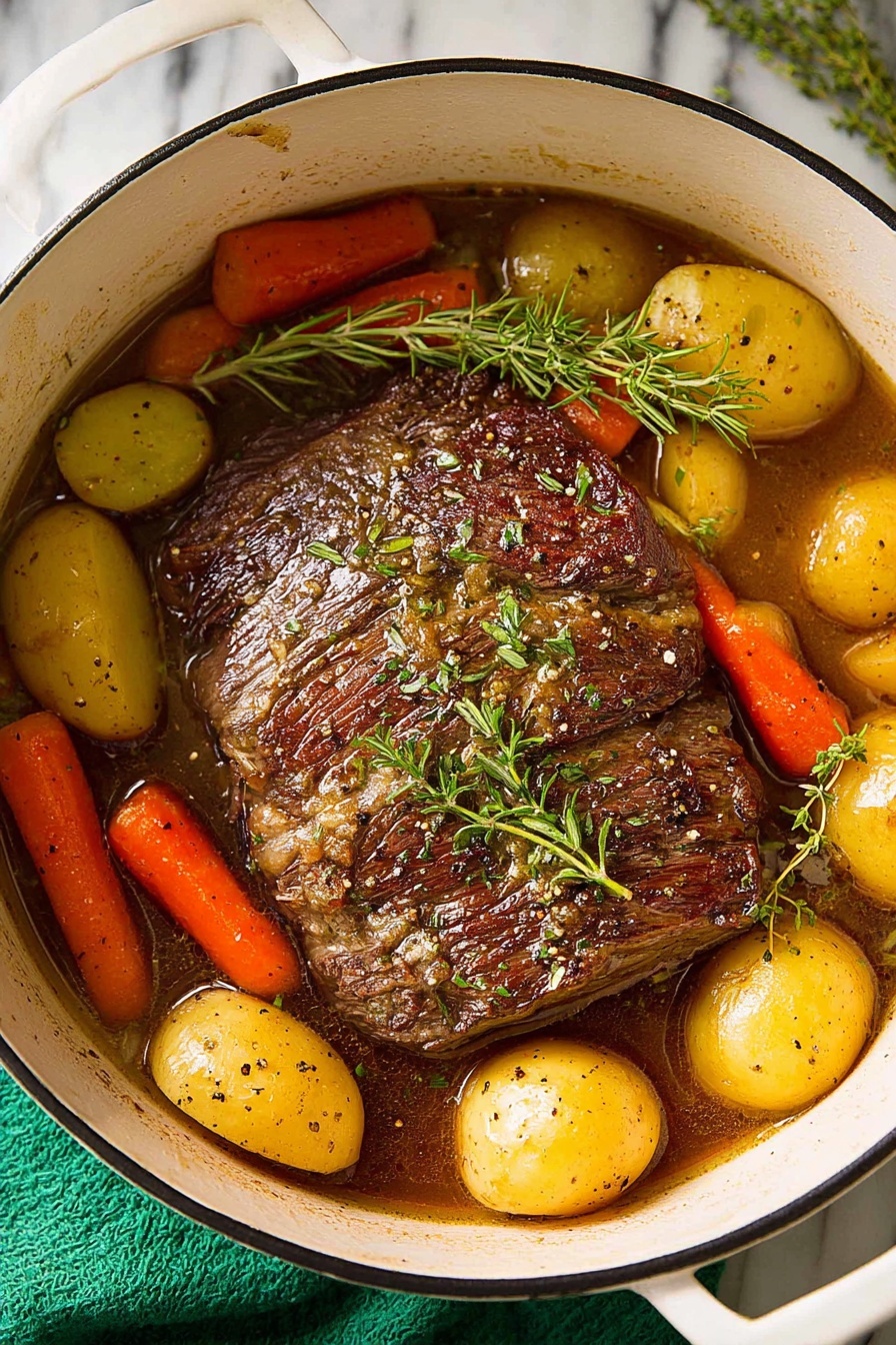 The image shows a white pot filled with a cooked dish featuring a large brown piece of meat in the center, surrounded by yellow potatoes and bright orange carrot pieces. The meat is shiny and has a slightly rough texture with a sprig of green thyme placed on top. The potatoes and carrots are scattered evenly around the meat, partially submerged in a light brown broth with visible black pepper flakes. There are also a couple of fresh rosemary sprigs resting among the vegetables. The pot has red handles and is placed on a white marbled surface with a green cloth partially visible in the background photo taken with an iphone --ar 2:3 --v 7
