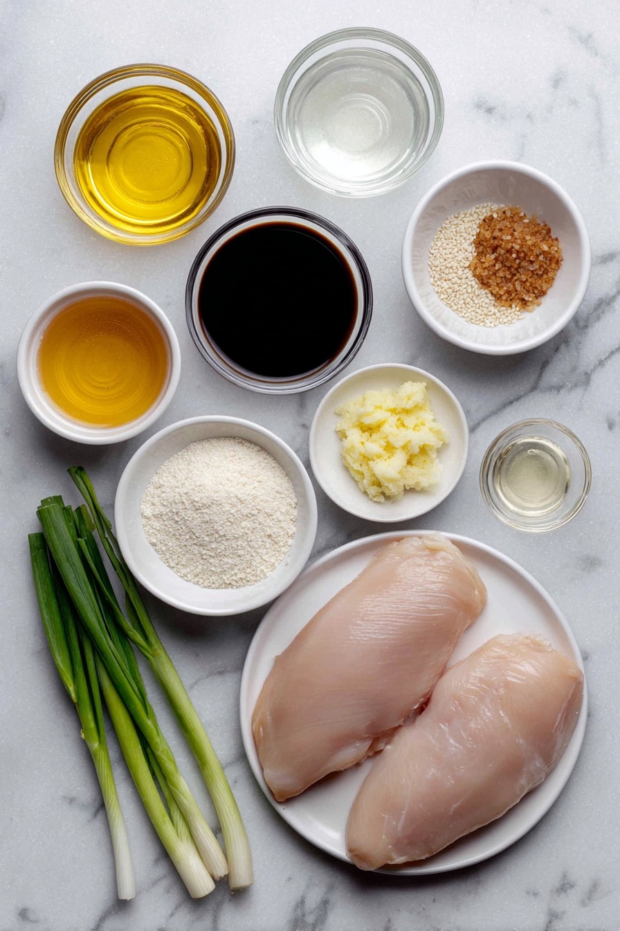 Flat lay of boneless skinless chicken breasts, a small white bowl of minced garlic, a small white bowl of minced ginger, a small white bowl of golden honey, a small white bowl of dark brown sugar, a small white bowl of deep amber low sodium soy sauce, a small white bowl of rich toasted sesame oil, a small white bowl of pale rice vinegar, a small white bowl of clear cold water, a small white bowl of white cornstarch powder, a few scattered white sesame seeds, and a small bunch of fresh sliced green onions arranged with perfect symmetry on a clean white ceramic plate, all placed on a clean white marble surface, soft natural light, photo taken with an iPhone, professional food photography style, fresh ingredients, white ceramic bowls, no bottles, no duplicates, no utensils, no packaging --ar 2:3 --v 7 --p m7354615311229779997